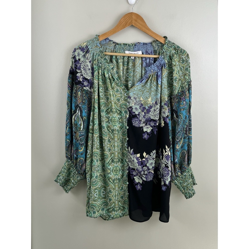 Rose+Olive Long Sleeve Button Front Top Floral Paisley Print Women's Plus Sz 1X